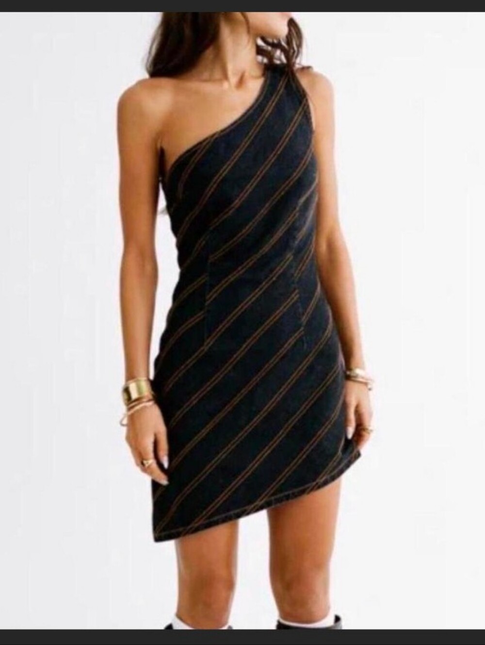 Lioness Black One-Shoulder Mini Dress with Gold Diagonal Stripes NWT